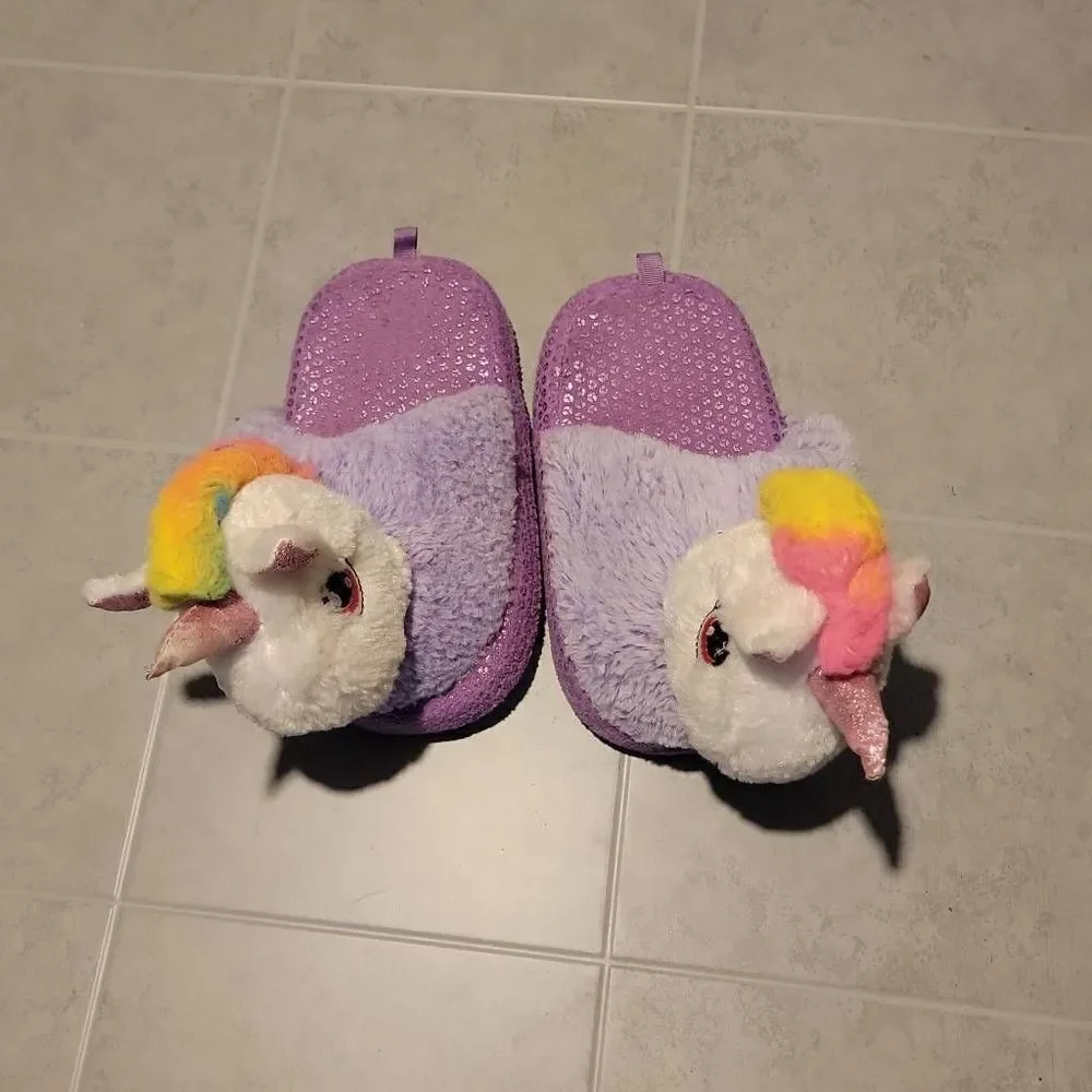 Wonder Nation Girl's Plush 3D Unicorn Purple Scuff Slip-on Slippers Size 13-1